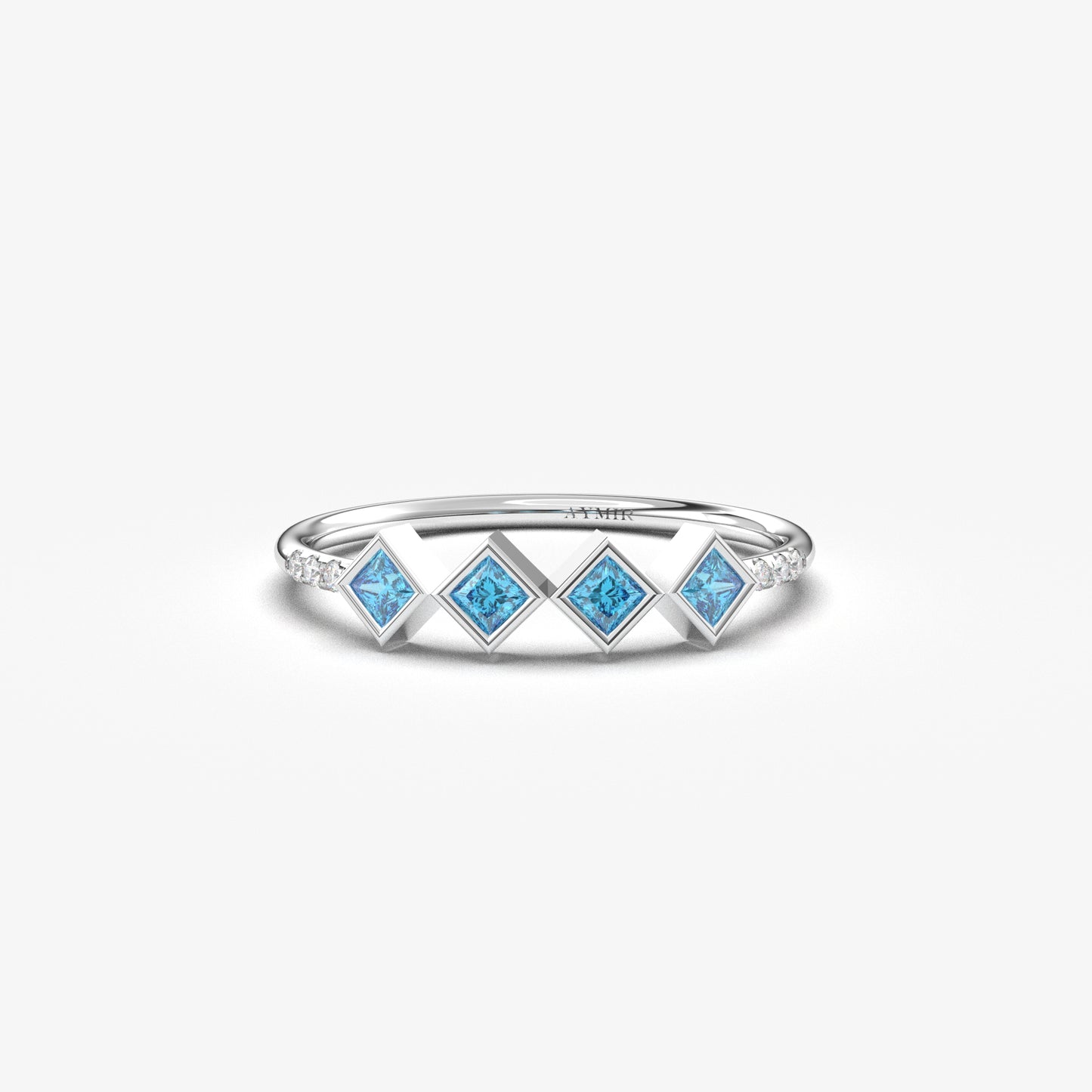 10K white gold sky blue stone four princess ring with cubic zirconia, front view