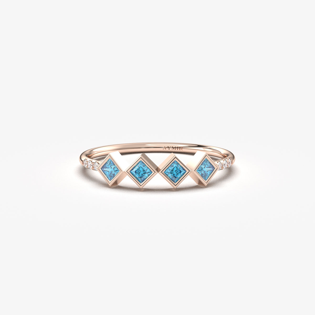 10K rose gold sky blue stone four princess ring with cubic zirconia, front view
