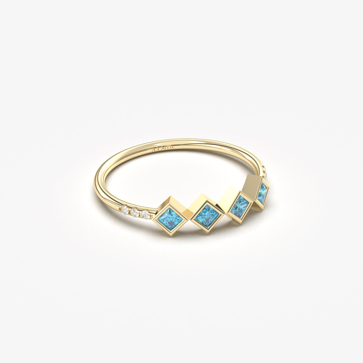 10K yellow gold sky blue stone four princess ring with cubic zirconia, angled view
