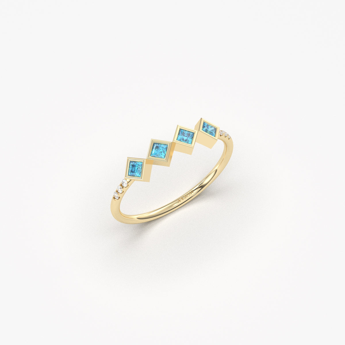 18K yellow gold sky blue stone four princess ring with cubic zirconia, side view