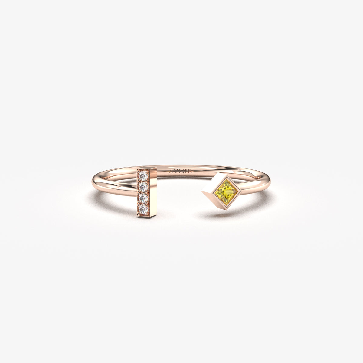 14K rose gold yellow-stone open bar ring with natural diamonds, front view