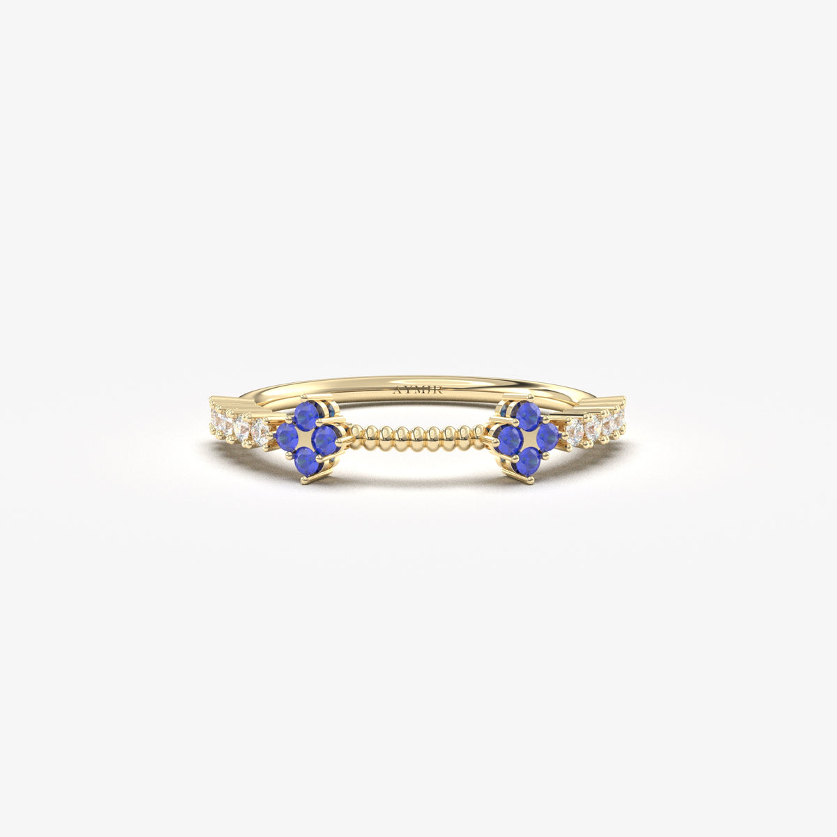 18K yellow gold blue-stone double clover ring with natural diamonds, front view