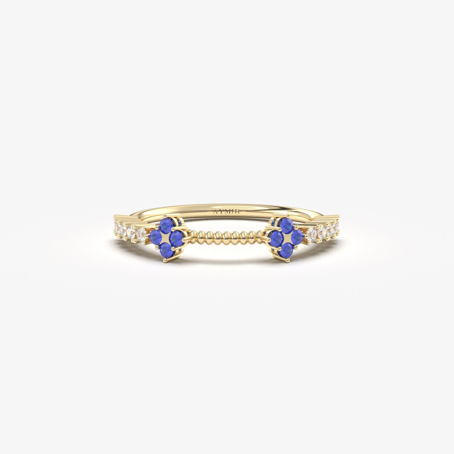 10K yellow gold blue-stone double clover ring with natural diamonds, front view