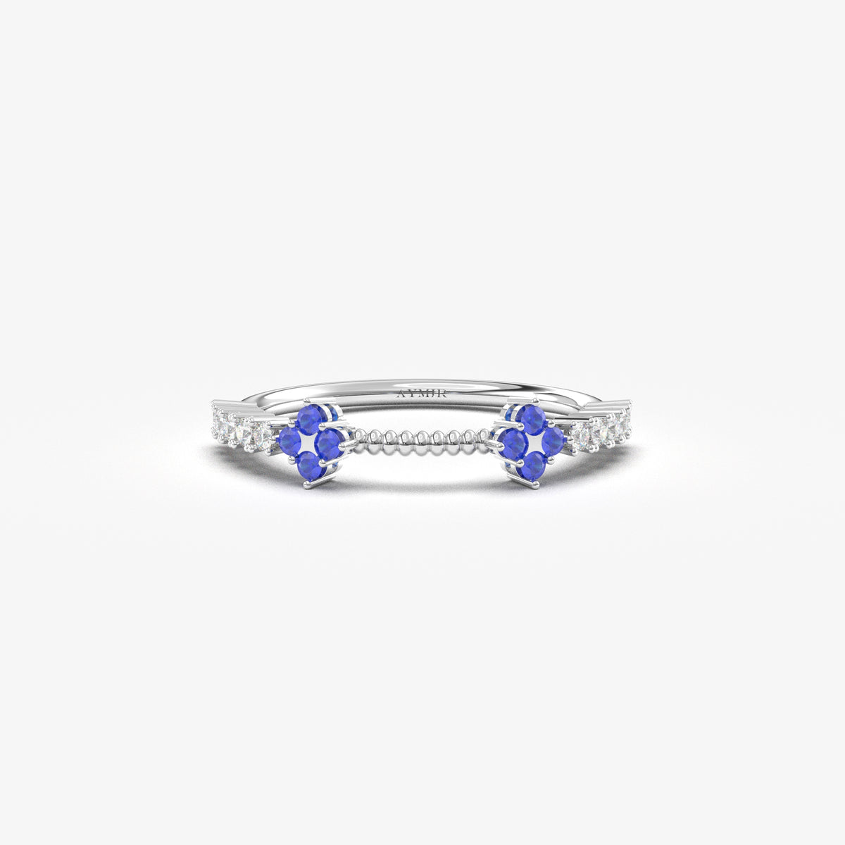 14K white gold blue-stone double clover ring with natural diamonds, front view