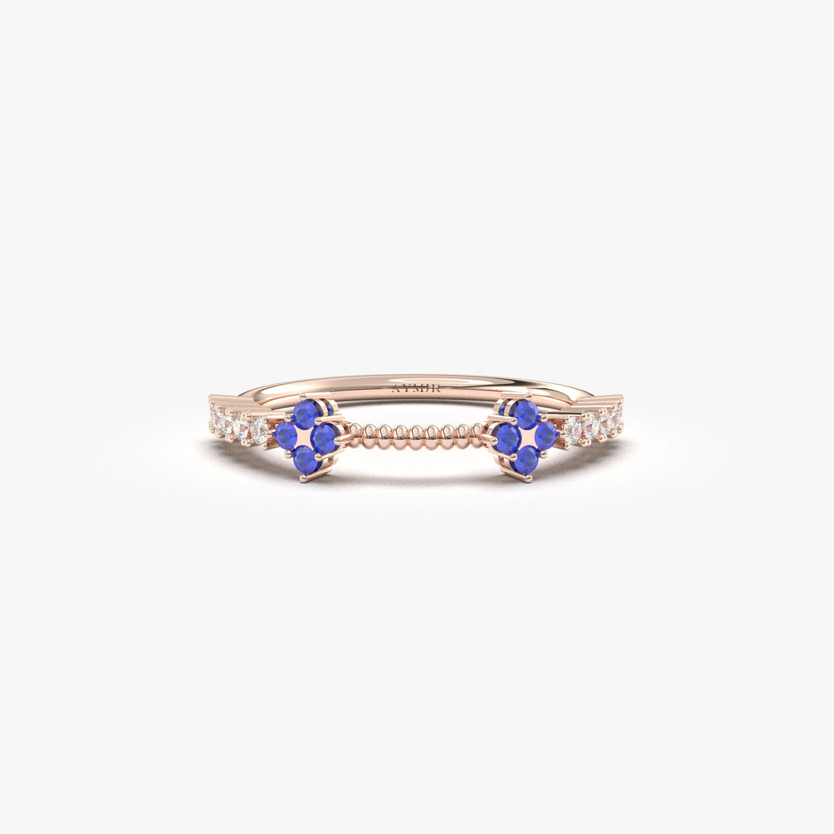 14K rose gold blue-stone double clover ring with natural diamonds, front view