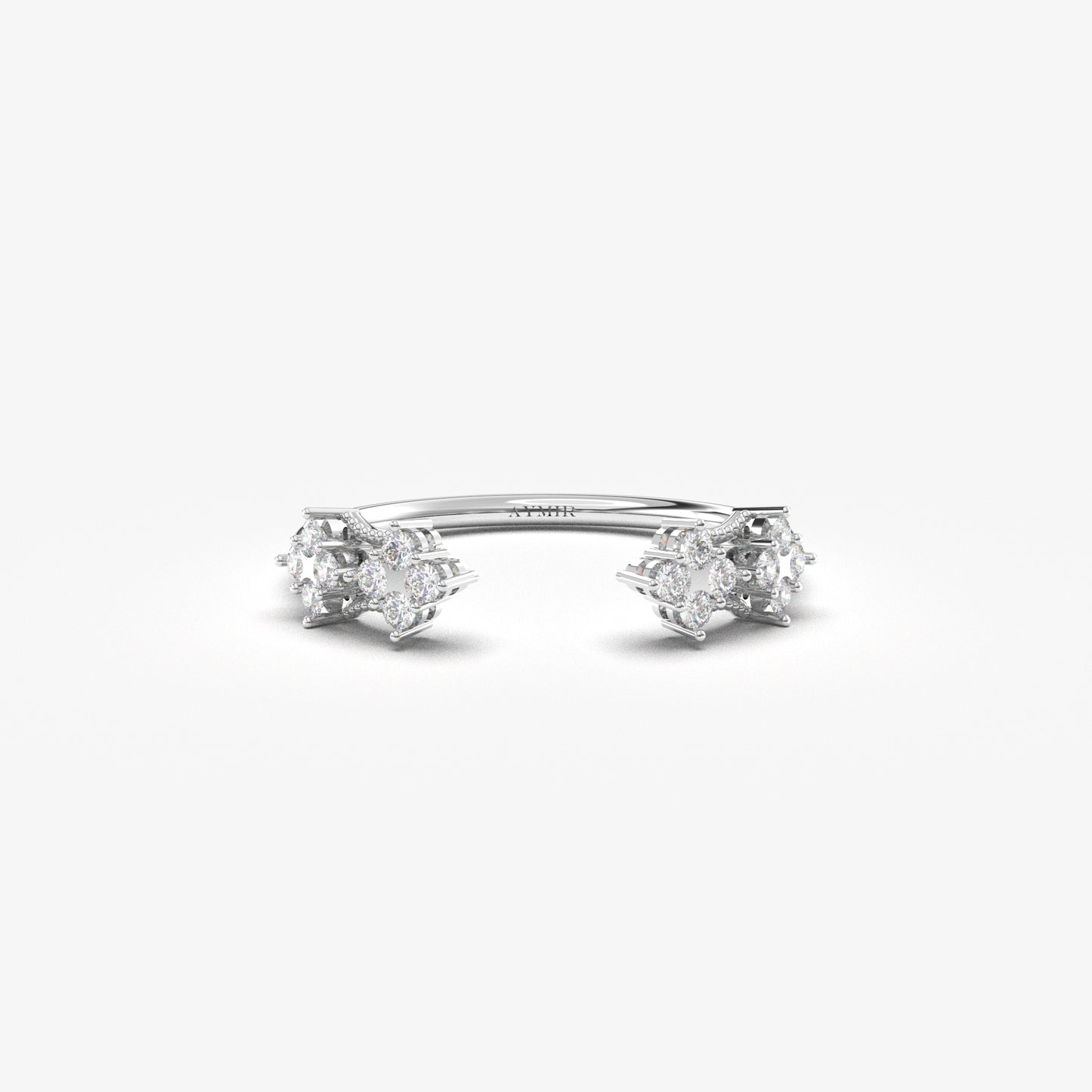 18K white gold open vintage cluster ring with cubic zirconia, front view