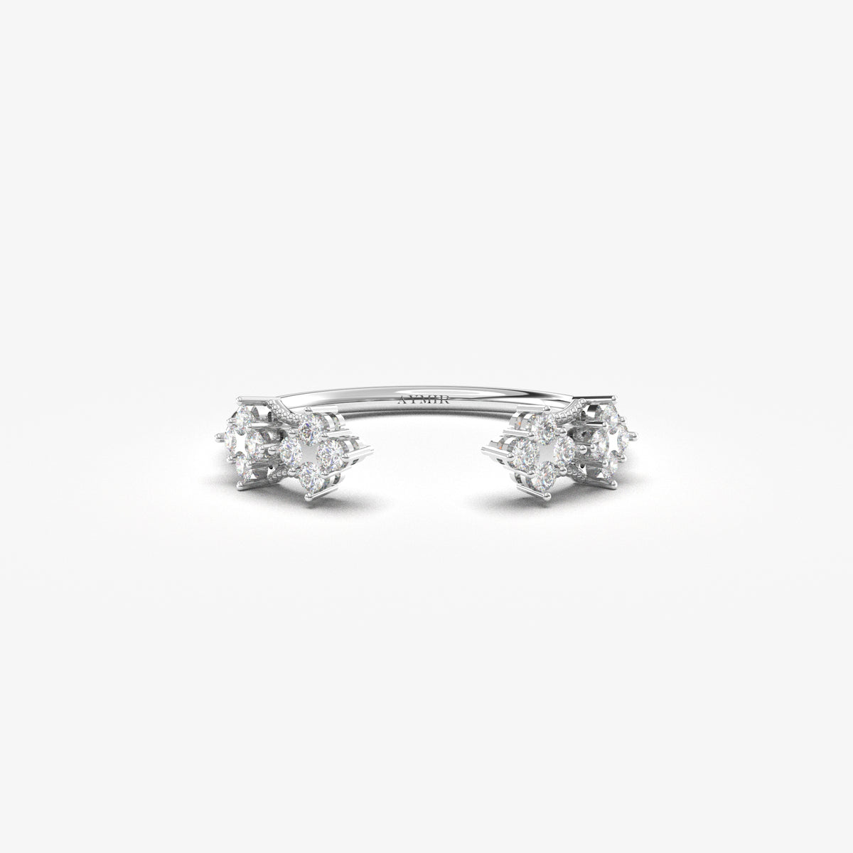 18K white gold open vintage cluster ring with natural diamonds, front view