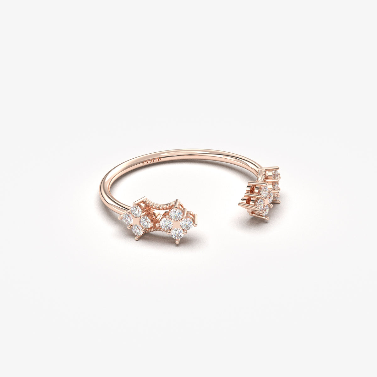 14K rose gold open vintage cluster ring with natural diamonds, angled view