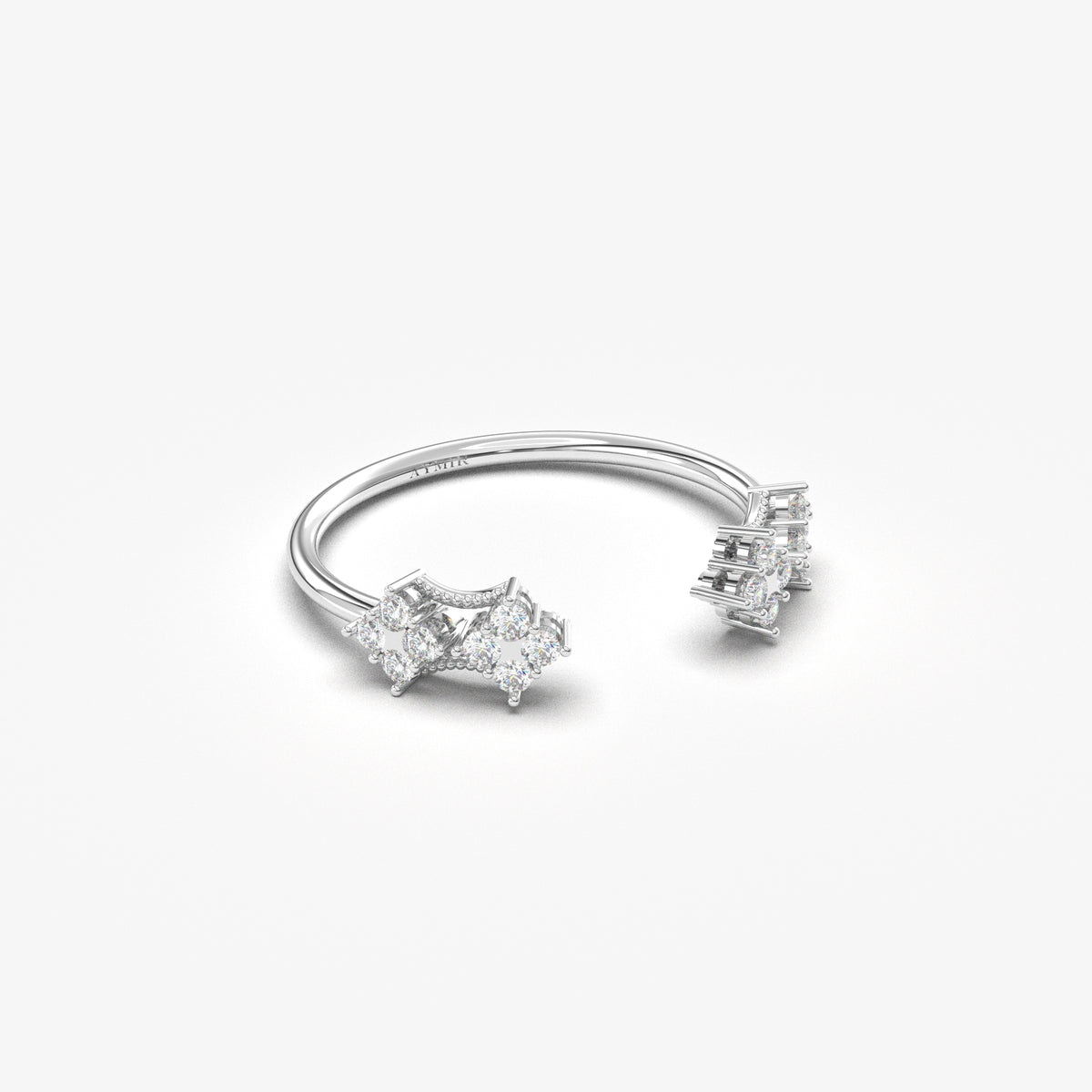 18K white gold open vintage cluster ring with cubic zirconia, angled view