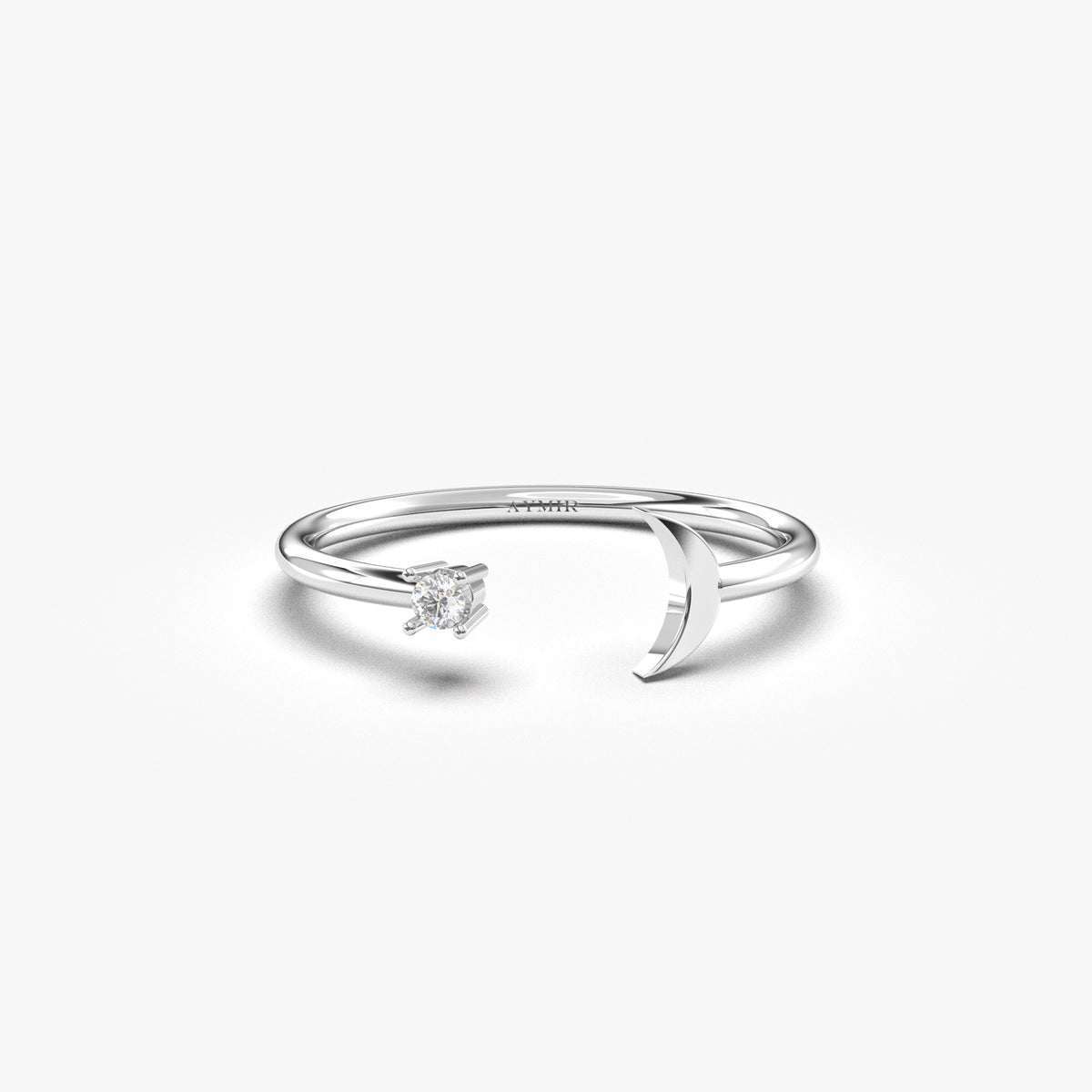 14K white gold open crescent moon ring with natural diamonds, front view