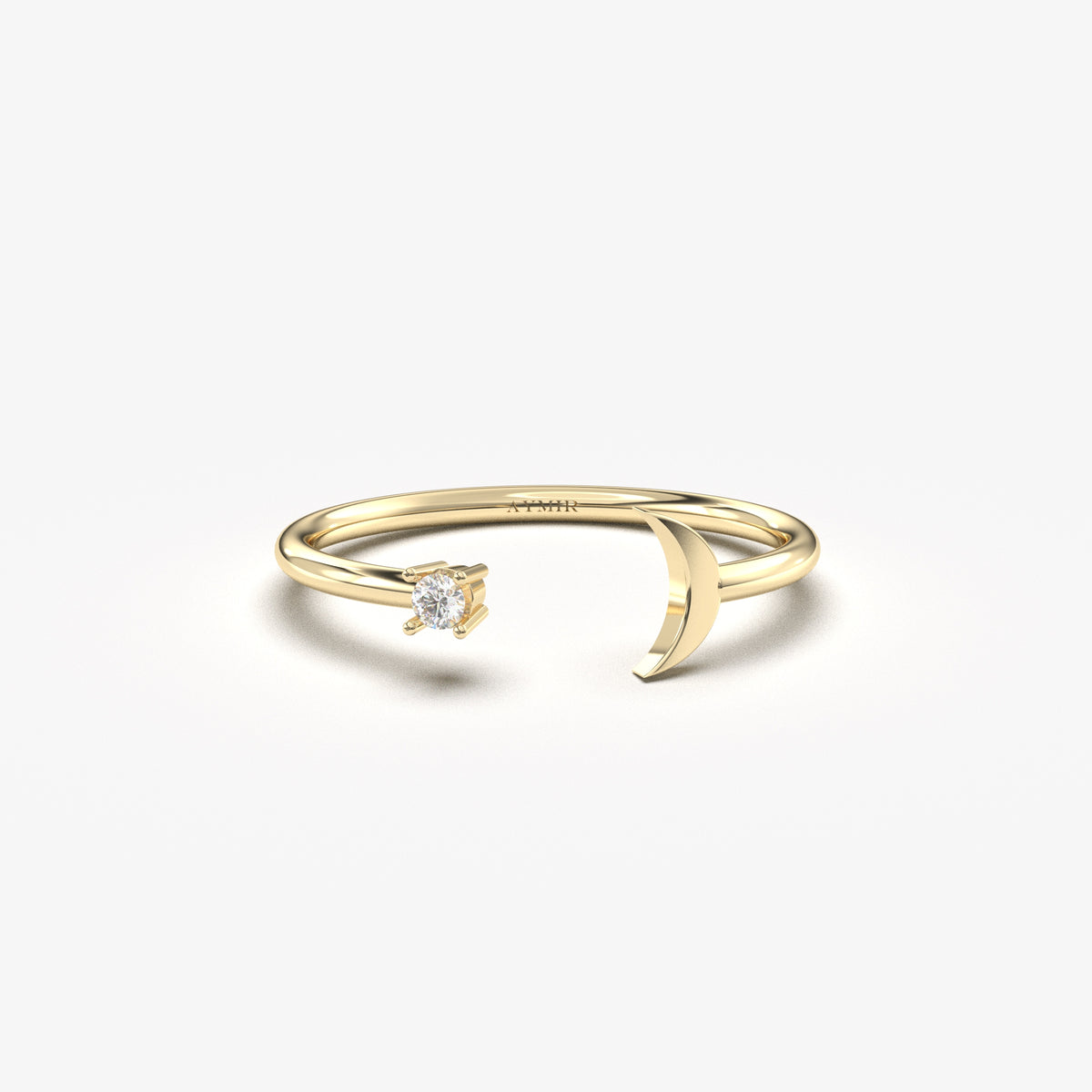 18K yellow gold open crescent moon ring with natural diamonds, front view