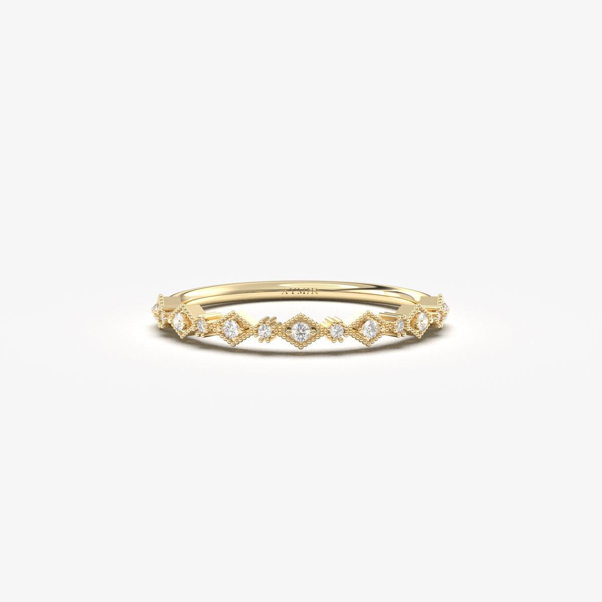 14K yellow gold milgrain stackable ring with natural diamonds, front view