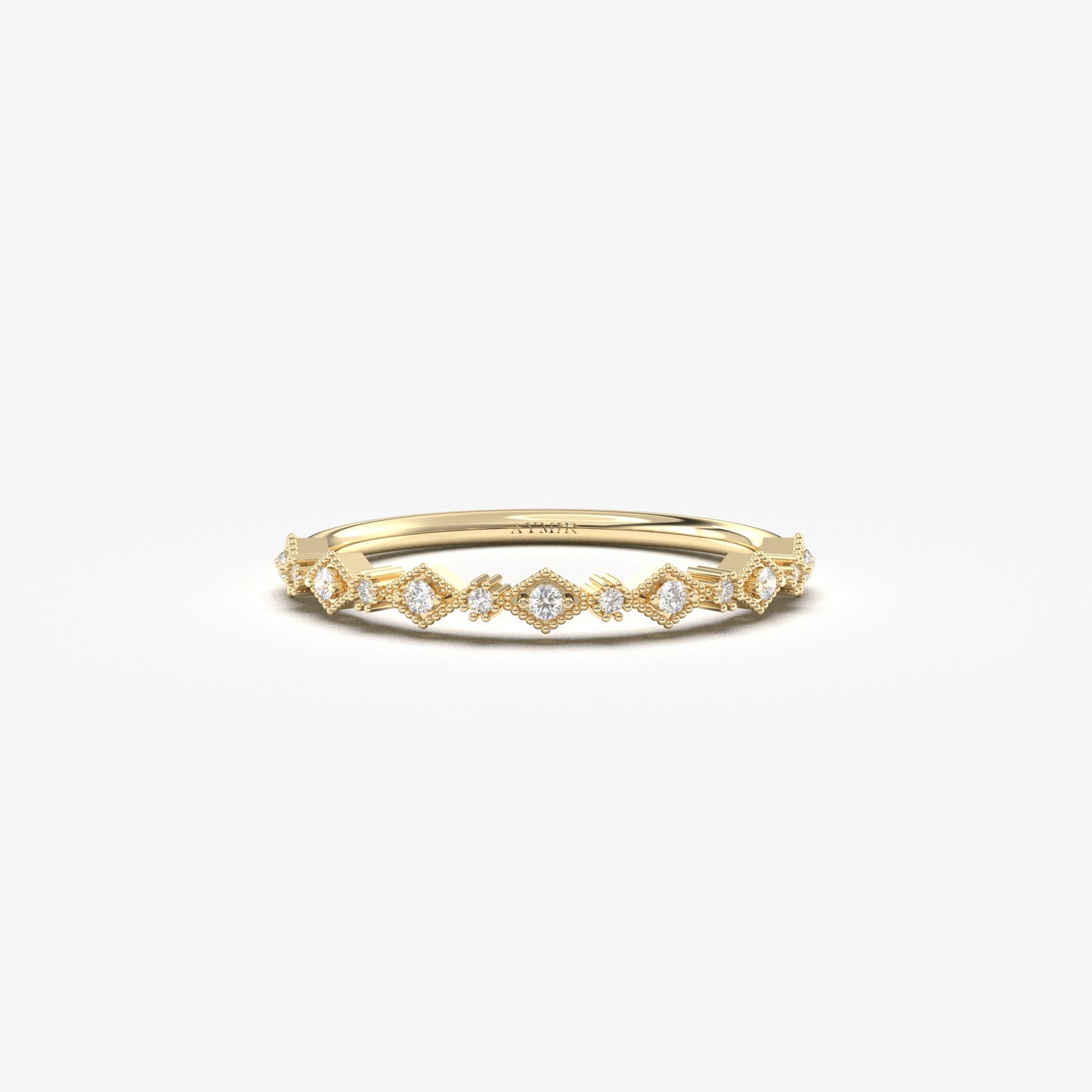 14K yellow gold milgrain stackable ring with cubic zirconia, front view
