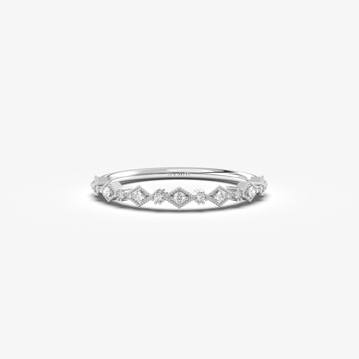 18K white gold milgrain stackable ring with cubic zirconia, front view