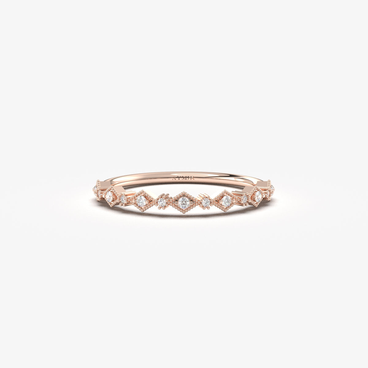 14K rose gold milgrain stackable ring with natural diamonds, front view