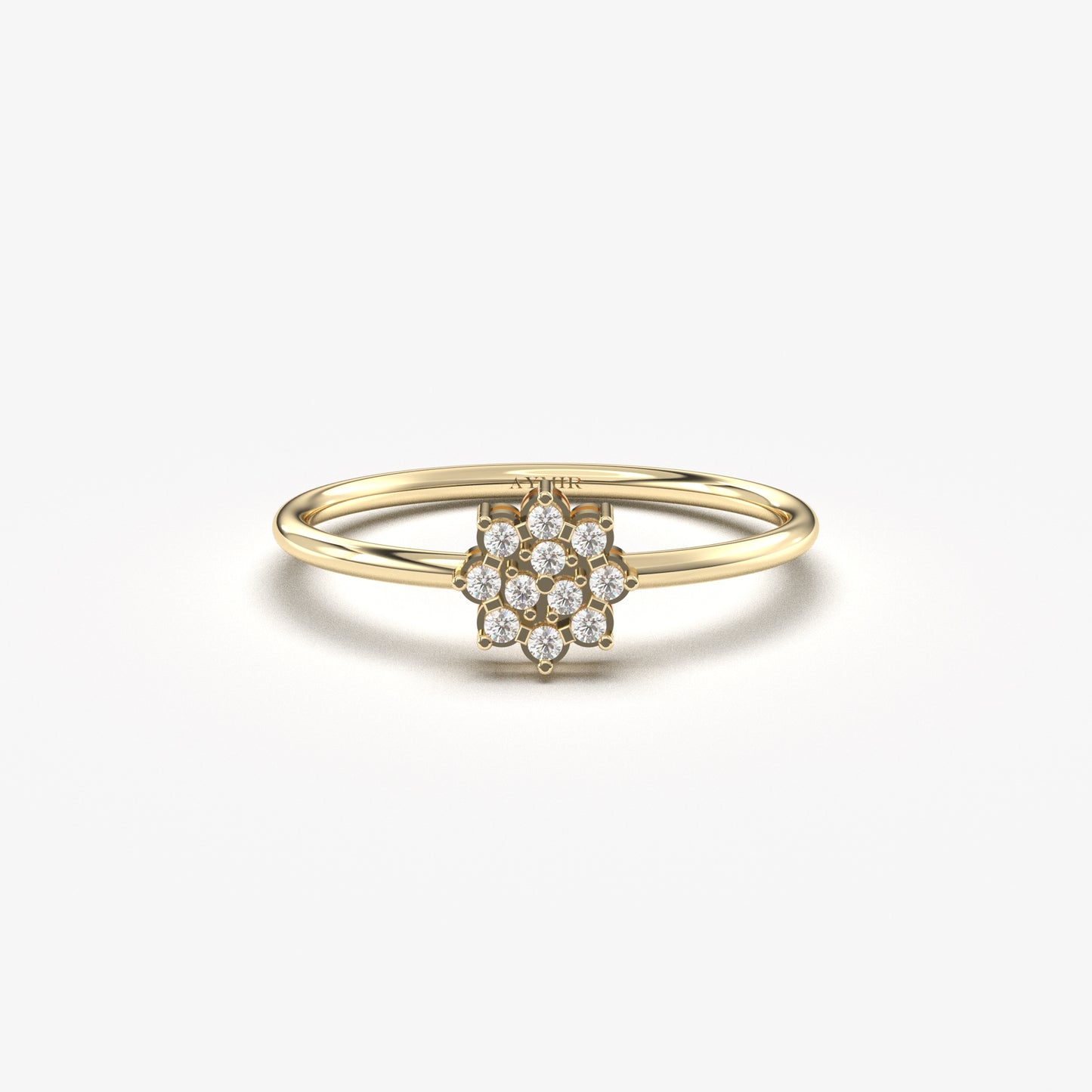14K yellow gold flower cluster ring with natural diamonds, front view