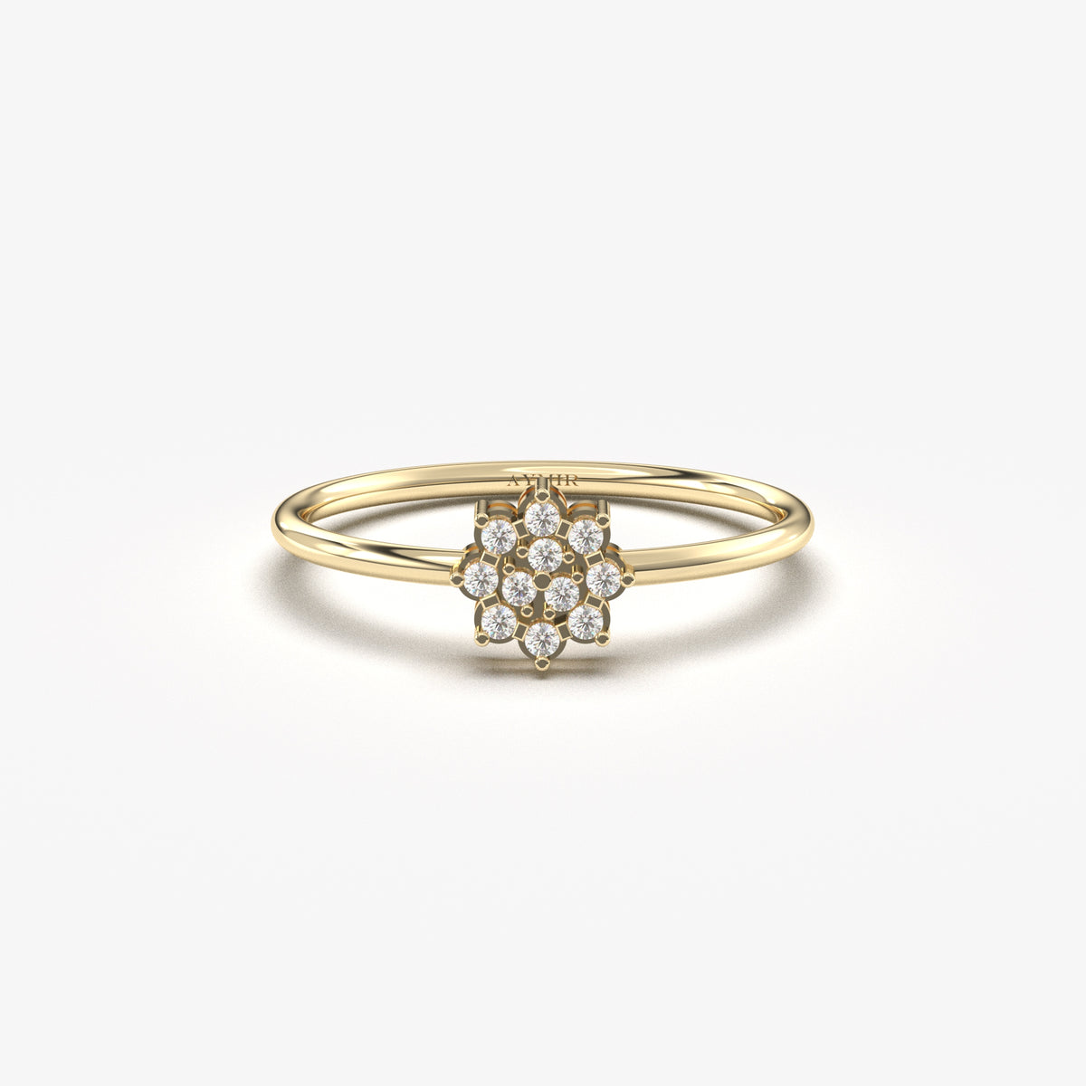 18K yellow gold flower cluster ring with natural diamonds, front view