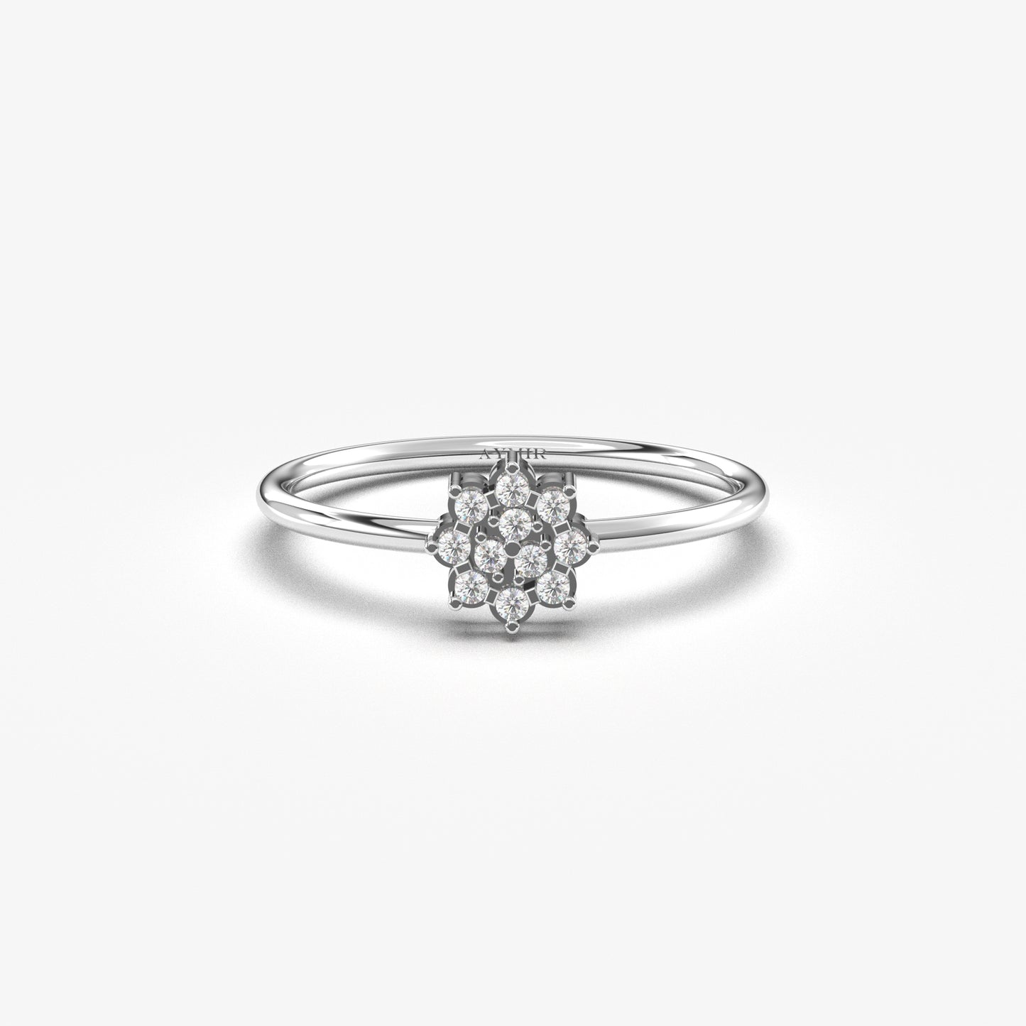 18K white gold flower cluster ring with cubic zirconia, front view