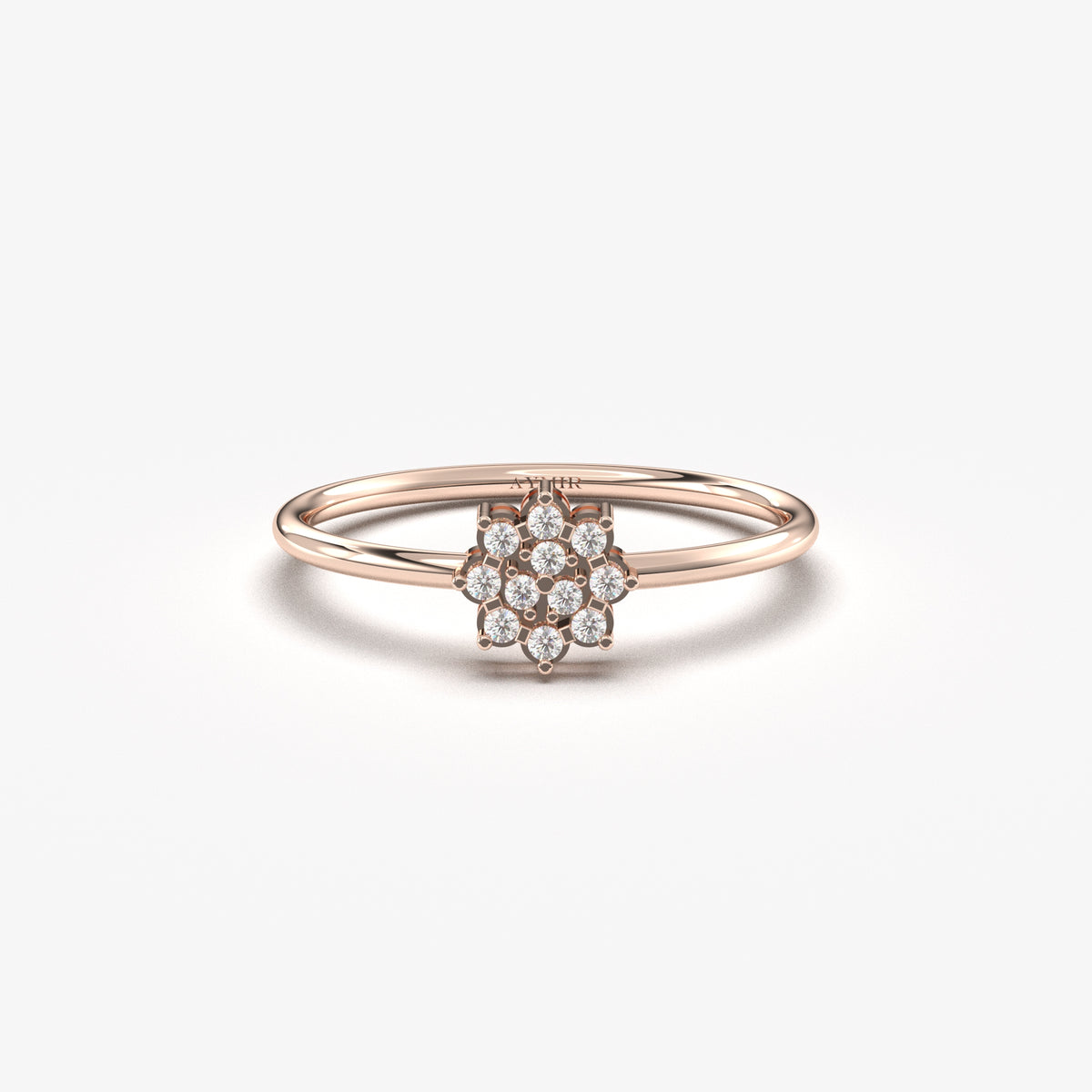 18K rose gold flower cluster ring with natural diamonds, front view