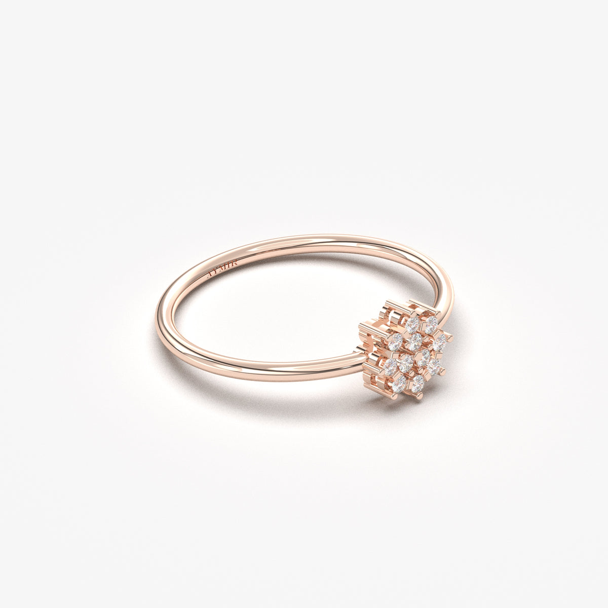 18K rose gold flower cluster ring with natural diamonds, angled view