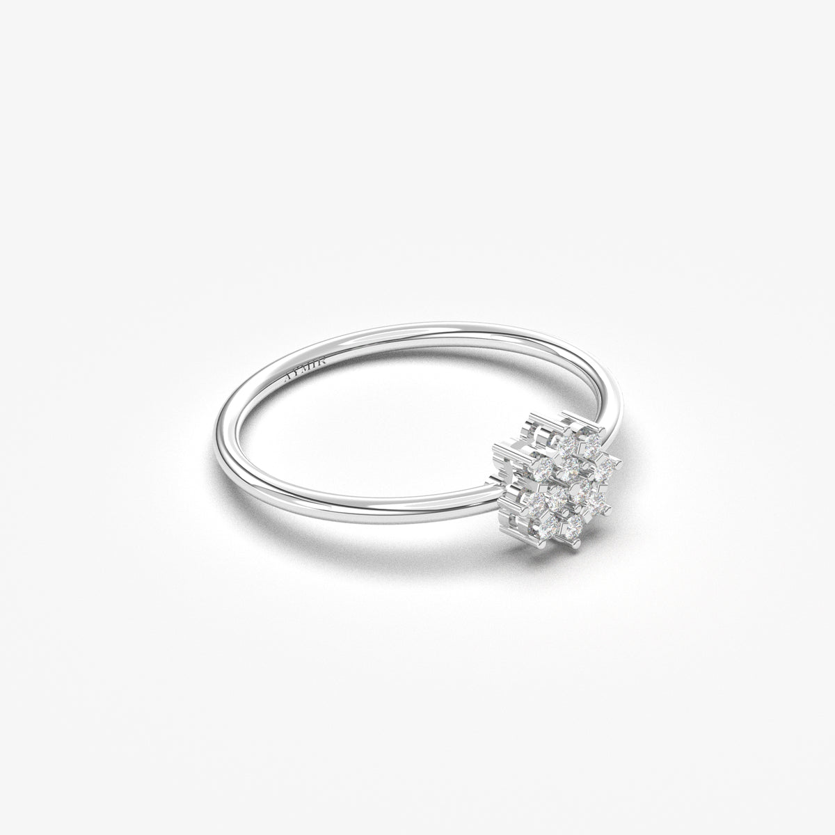 18K white gold flower cluster ring with natural diamonds, angled view