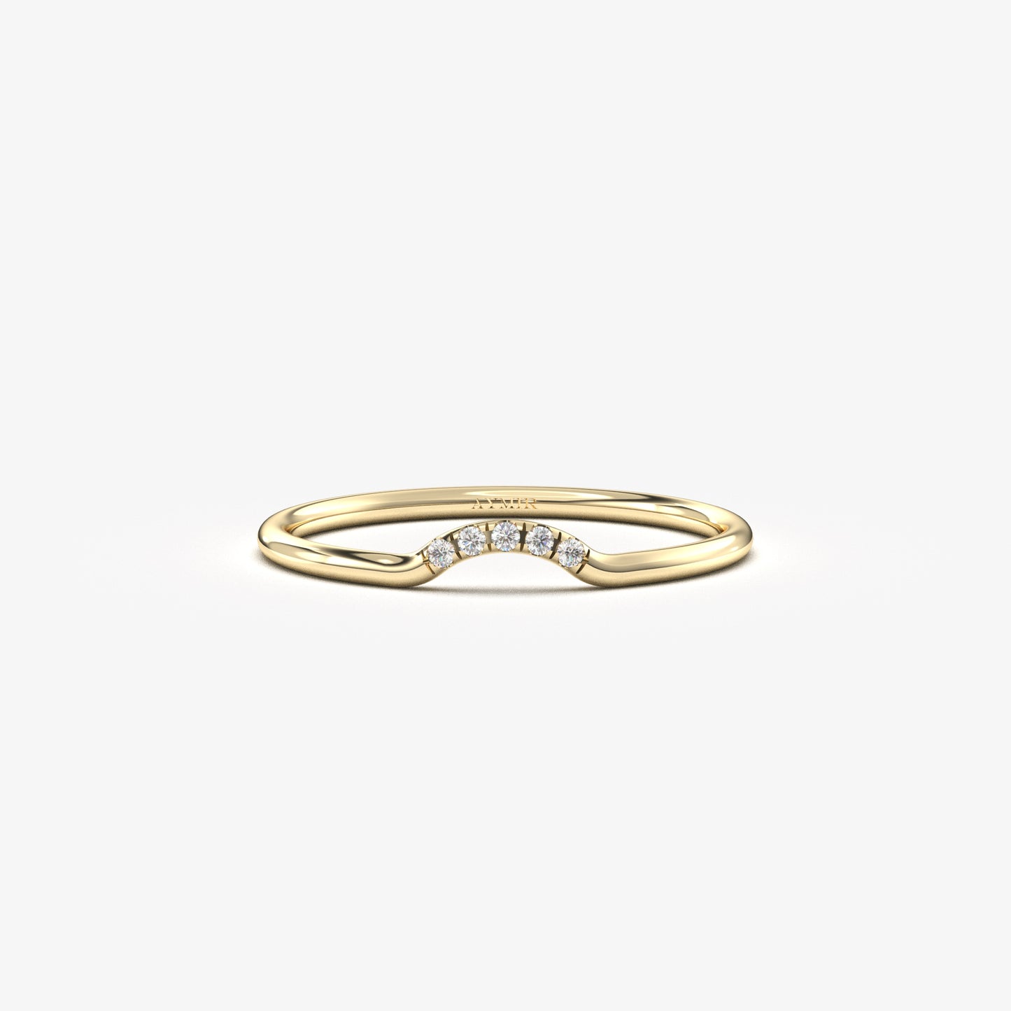 18K yellow gold curved contour ring with cubic zirconia, front view