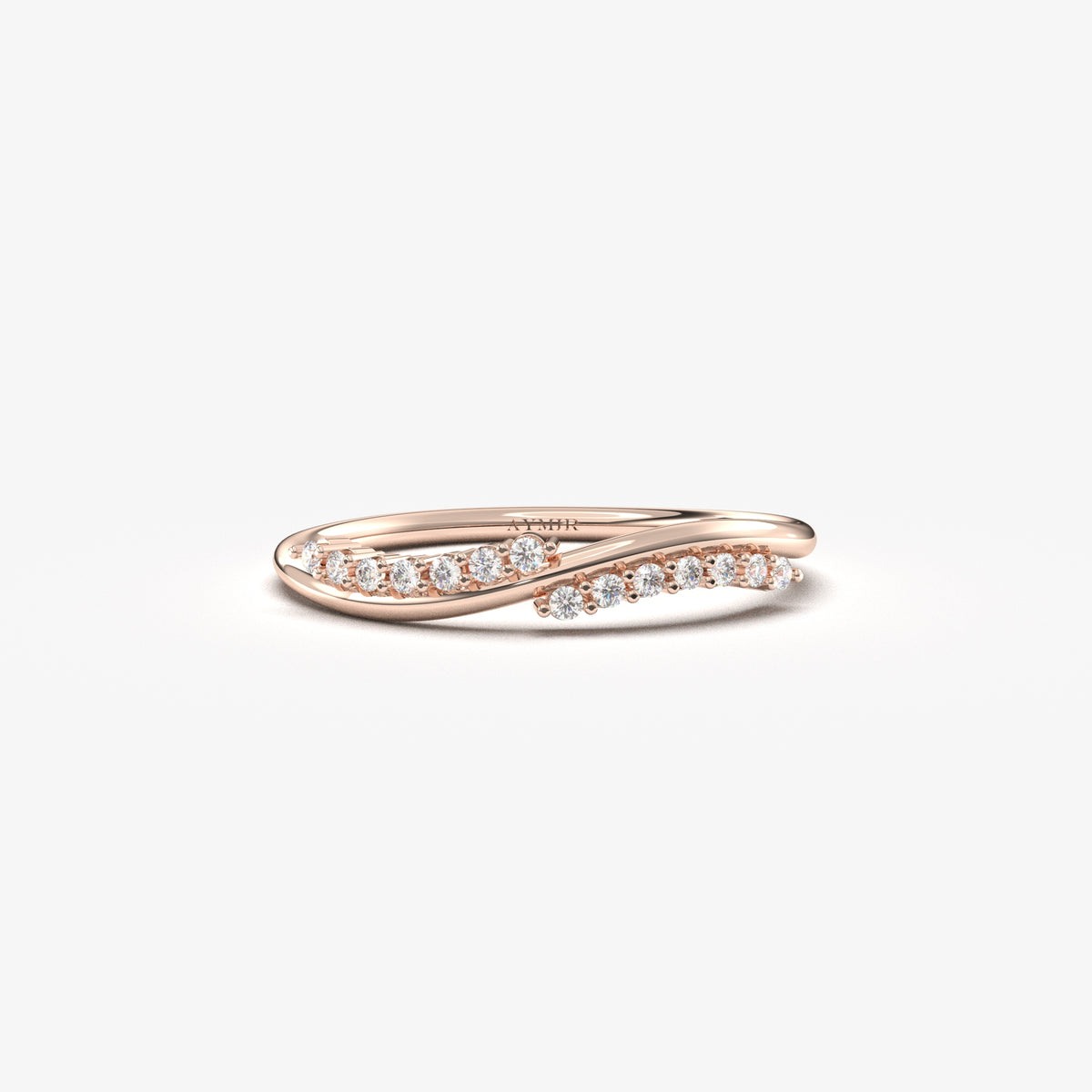 14K rose gold curved wave ring with natural diamonds, front view