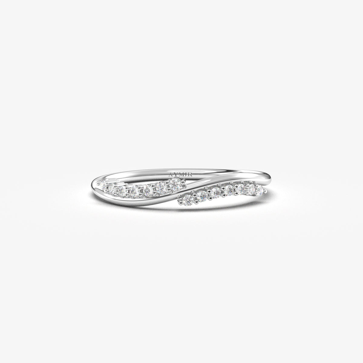 18K white gold curved wave ring with natural diamonds, front view