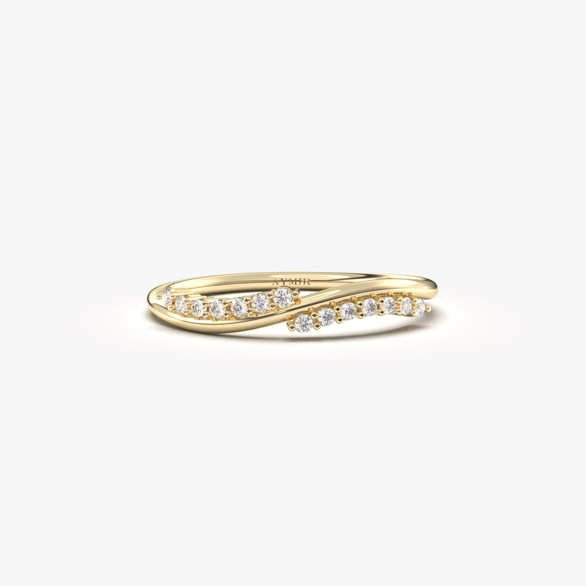 14K yellow gold curved wave ring with cubic zirconia, front view