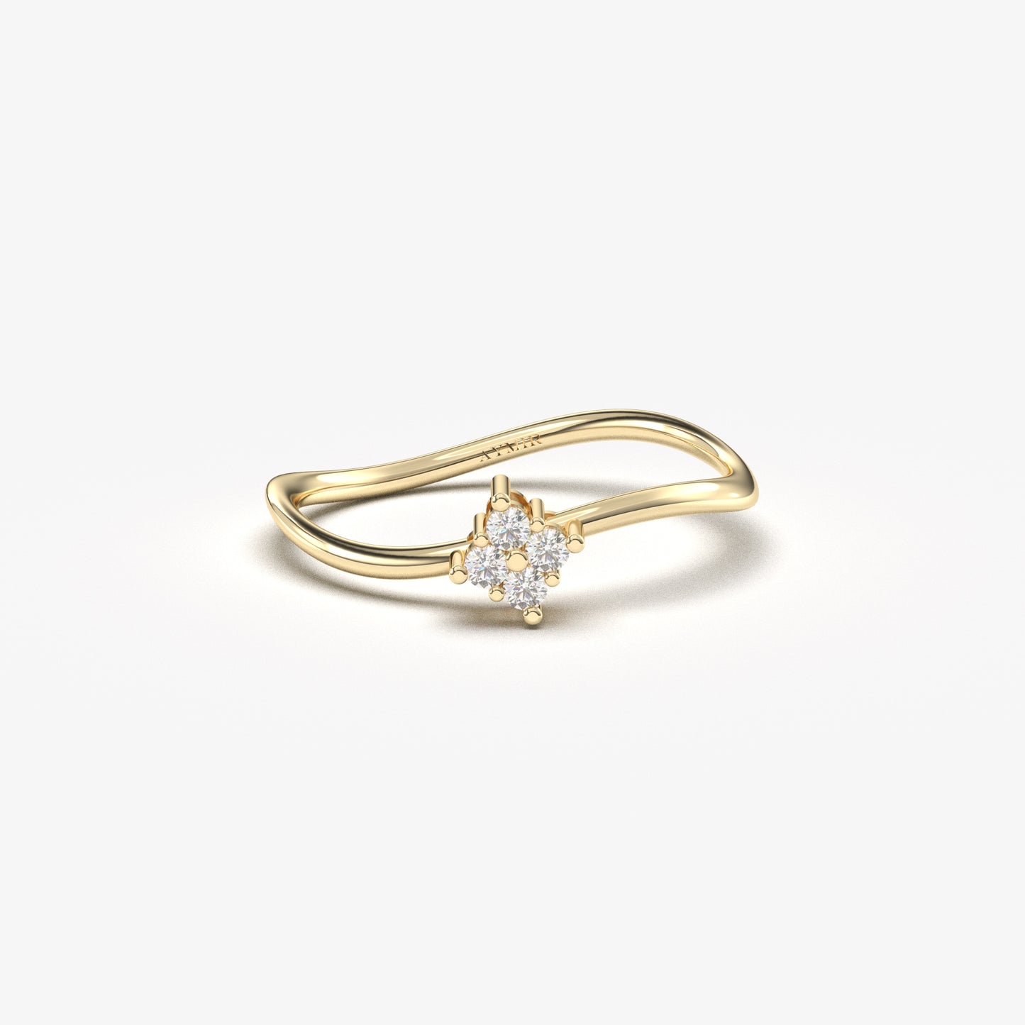 18K yellow gold wavy cluster ring with cubic zirconia, front view