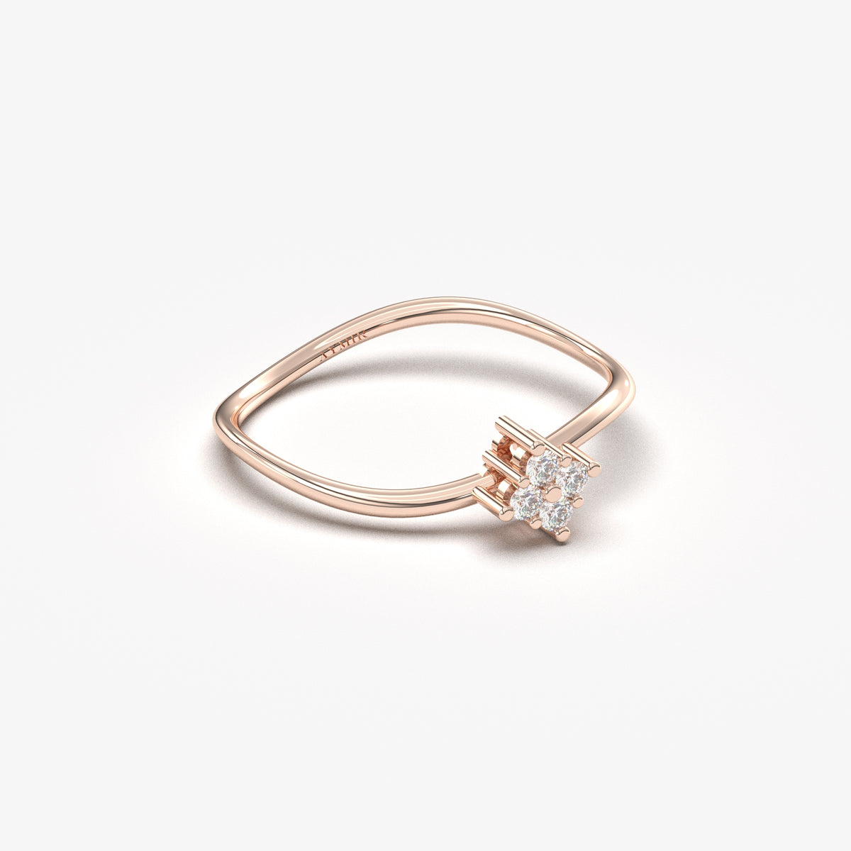 18K rose gold wavy cluster ring with cubic zirconia, angled view