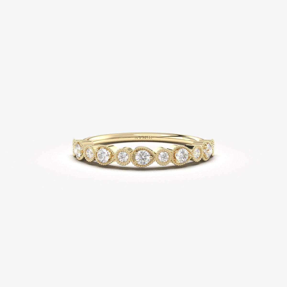 18K yellow gold milgrain bezel ring with natural diamonds, front view