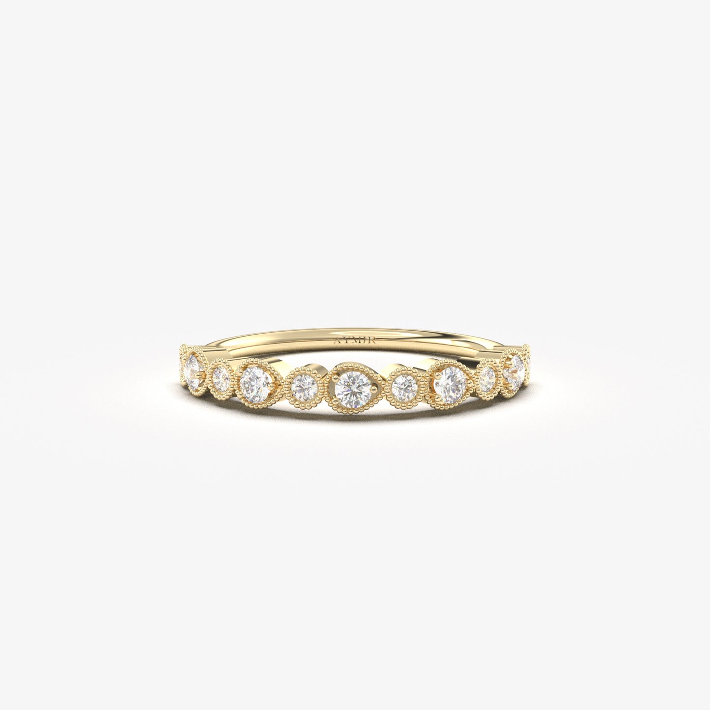 14K yellow gold milgrain bezel ring with natural diamonds, front view