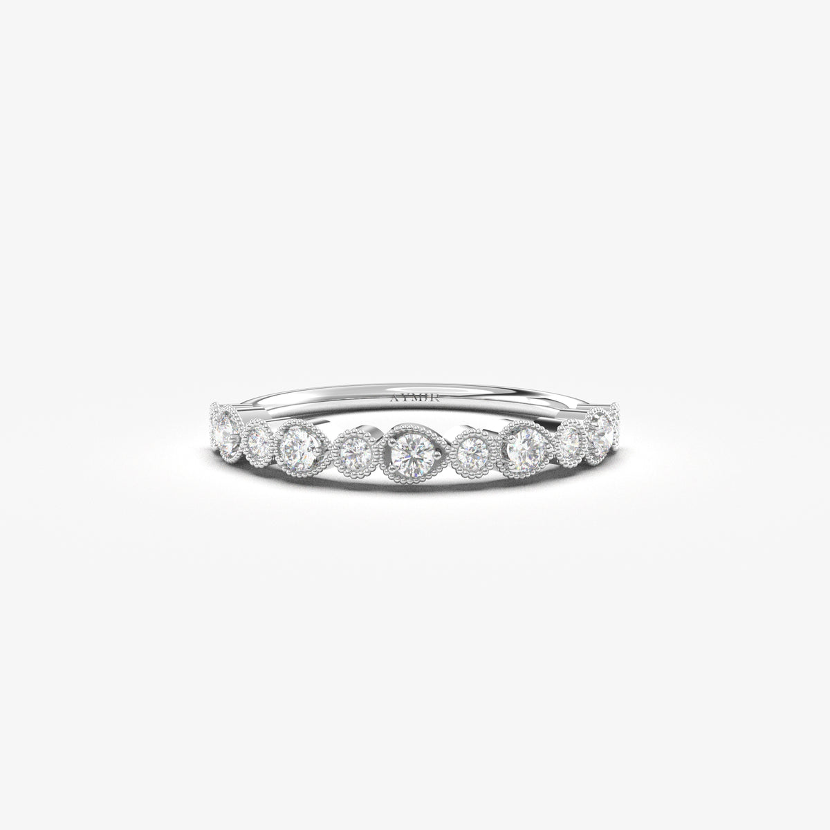 18K white gold milgrain bezel ring with natural diamonds, front view