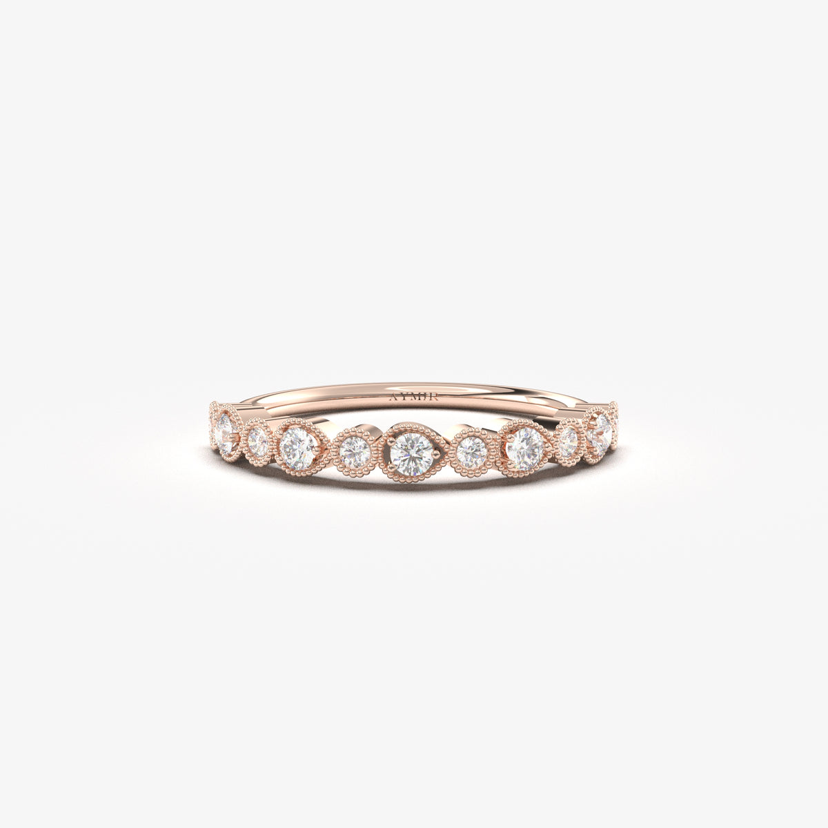 14K rose gold milgrain bezel ring with natural diamonds, front view
