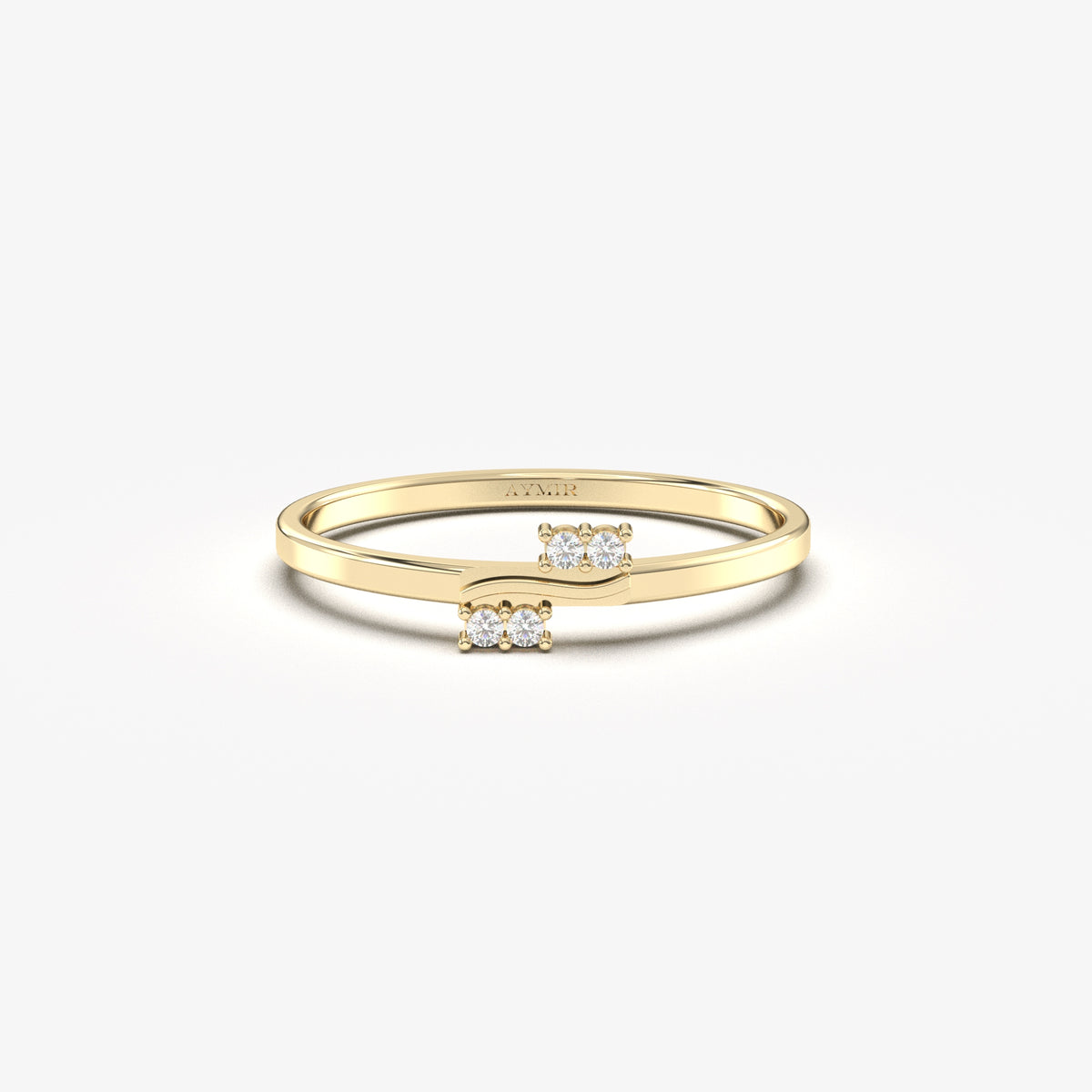 18K yellow gold wave two pair ring with natural diamonds, front view