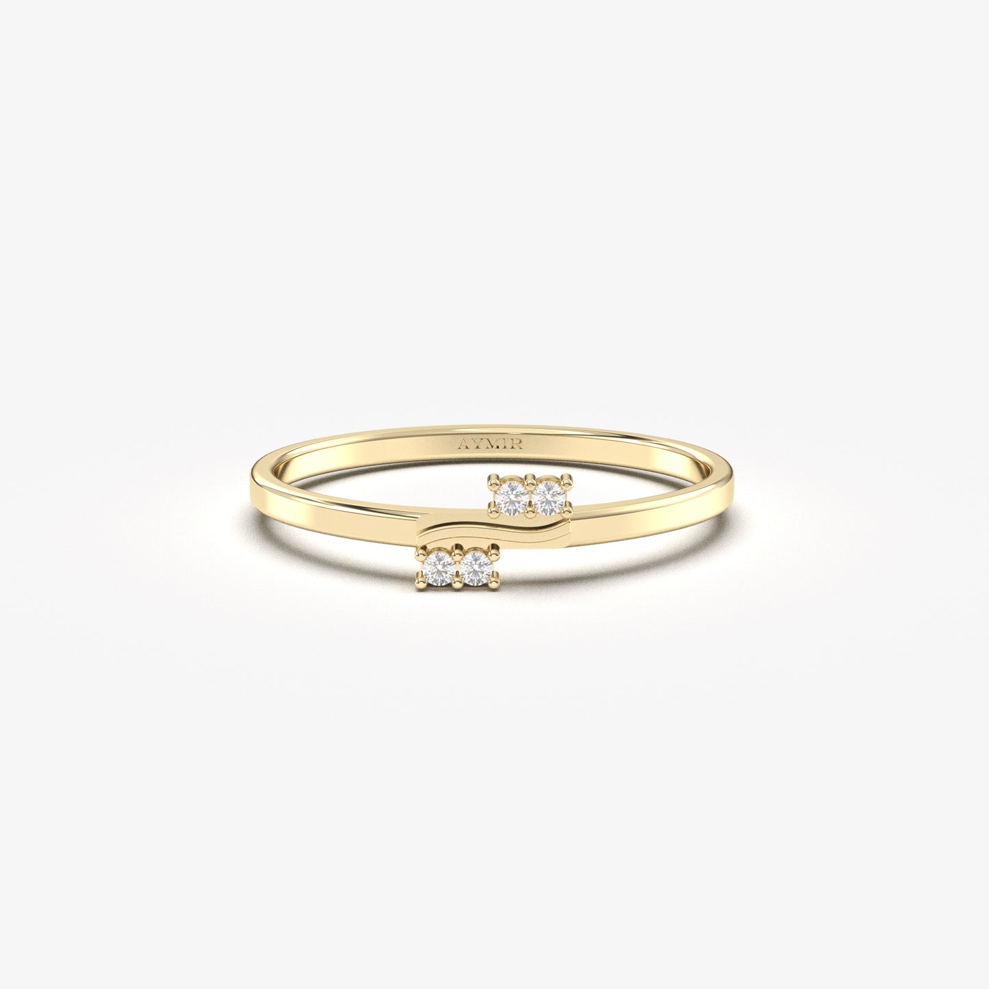 14K yellow gold wave two pair ring with natural diamonds, front view