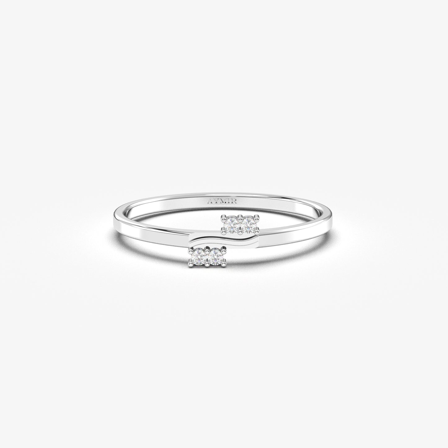 18K white gold wave two pair ring with cubic zirconia, front view