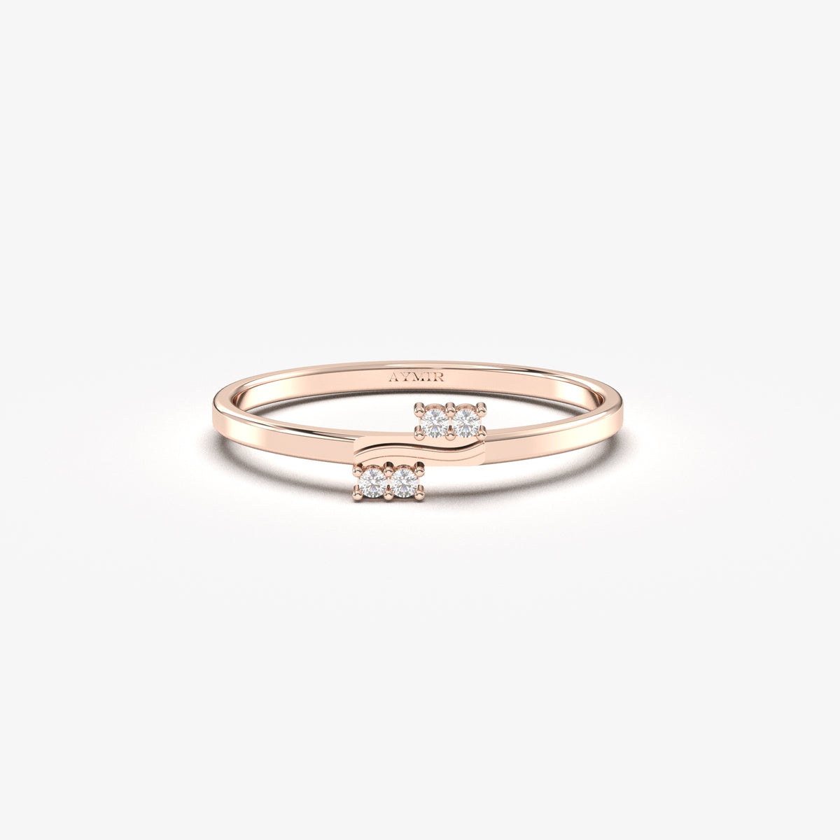14K rose gold wave two pair ring with natural diamonds, front view
