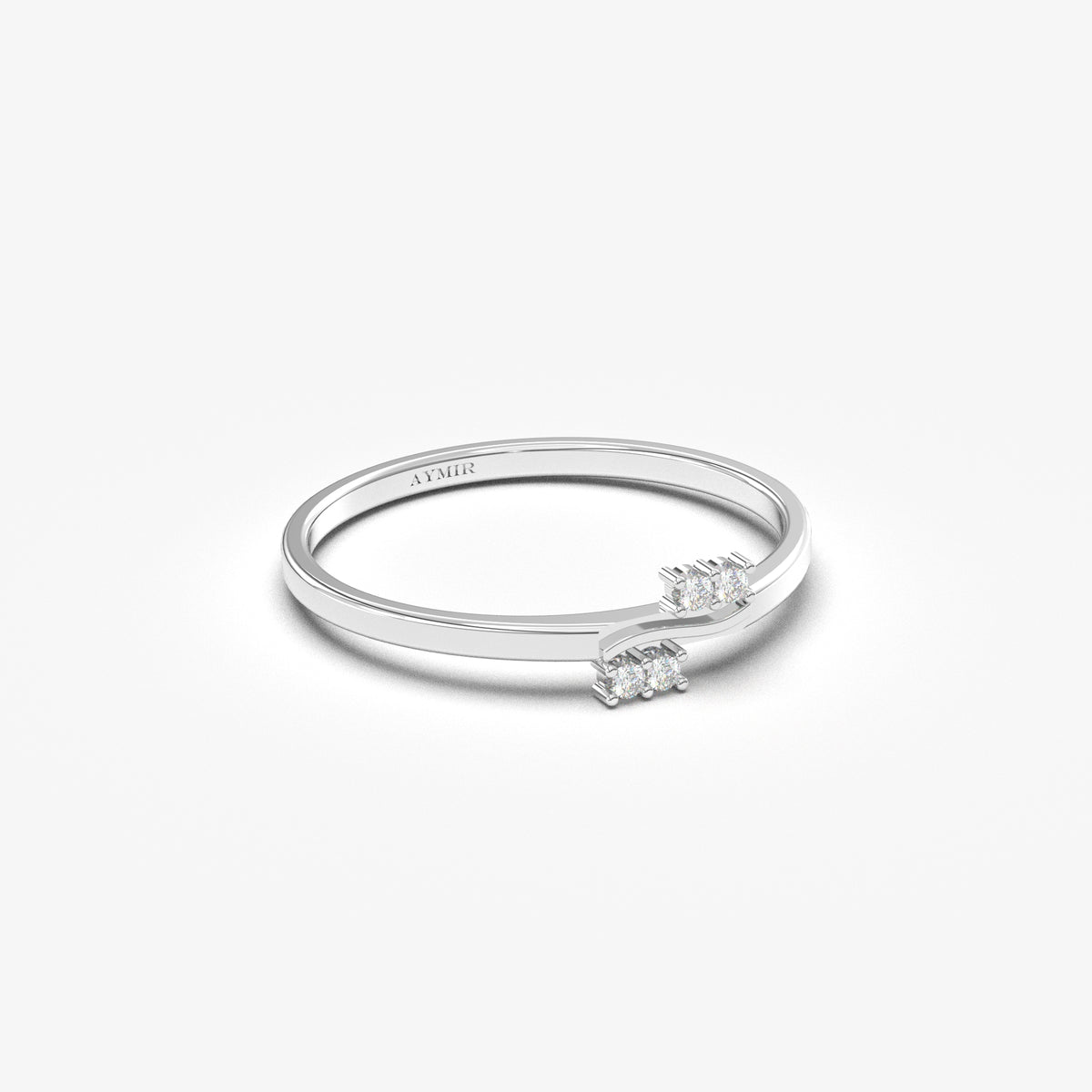 14K white gold wave two pair ring with cubic zirconia, angled view