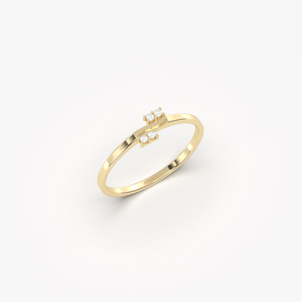 14K yellow gold wave two pair ring with natural diamonds, side view