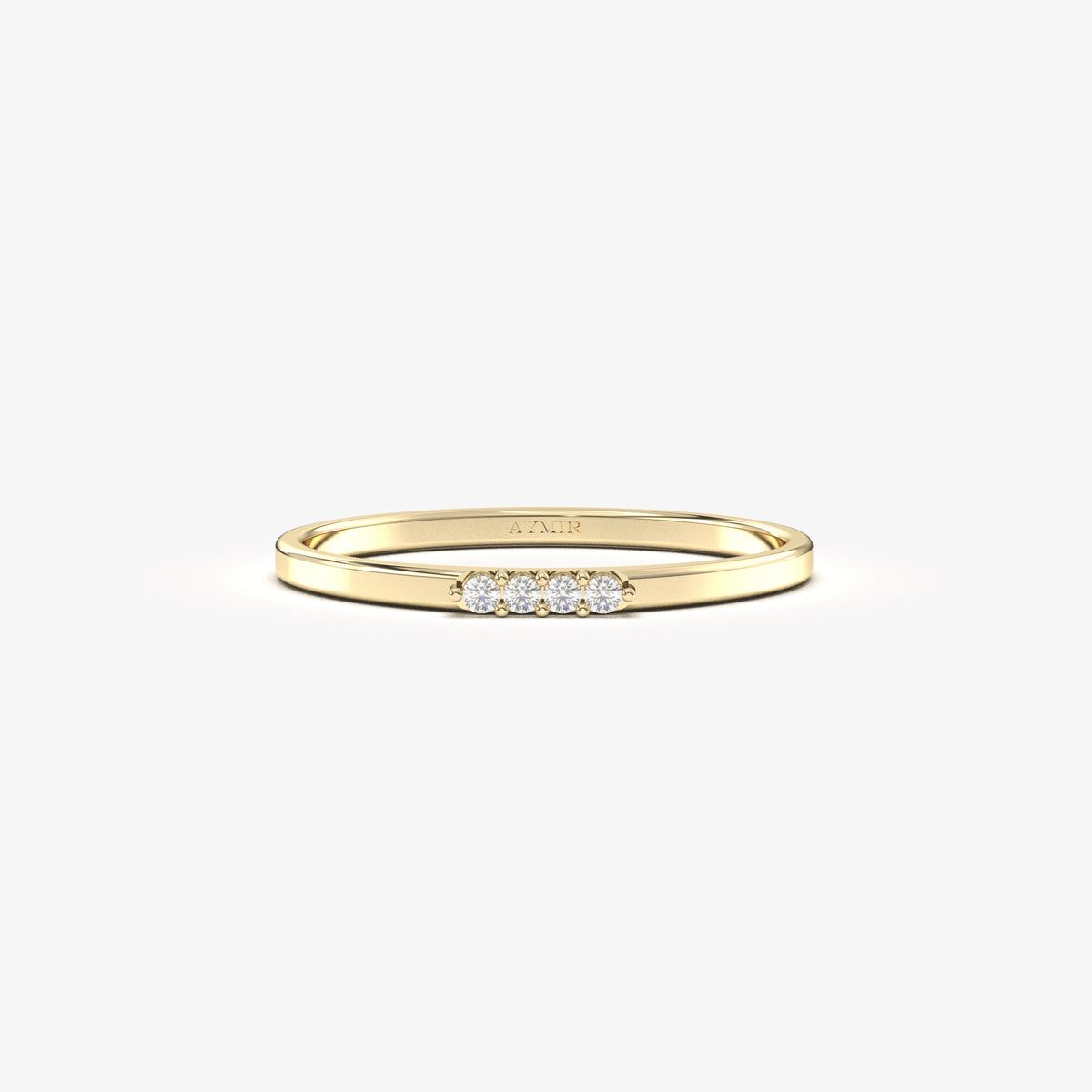 14K yellow gold four stone bar ring with natural diamonds, front view