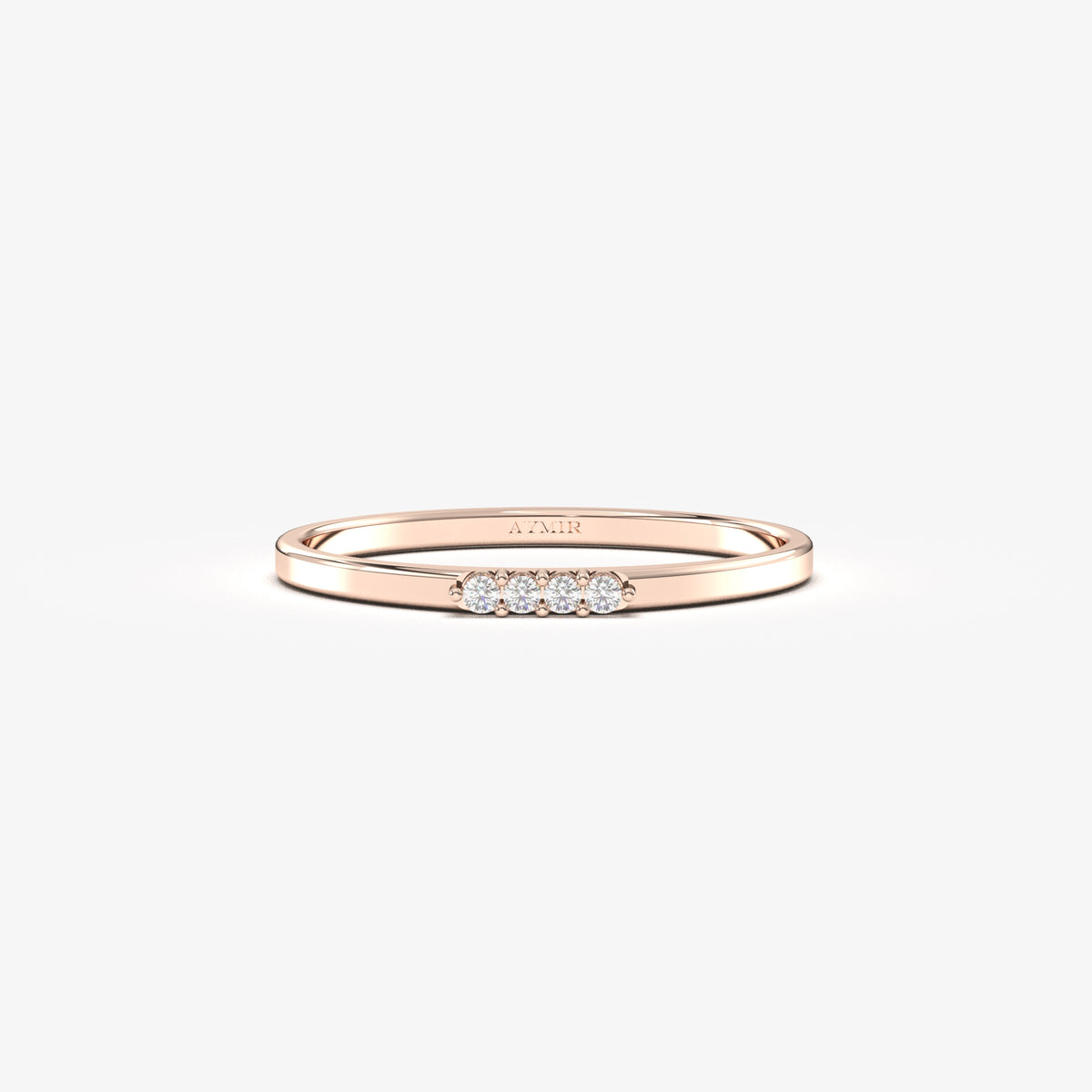 10K rose gold four stone bar ring with natural diamonds, front view