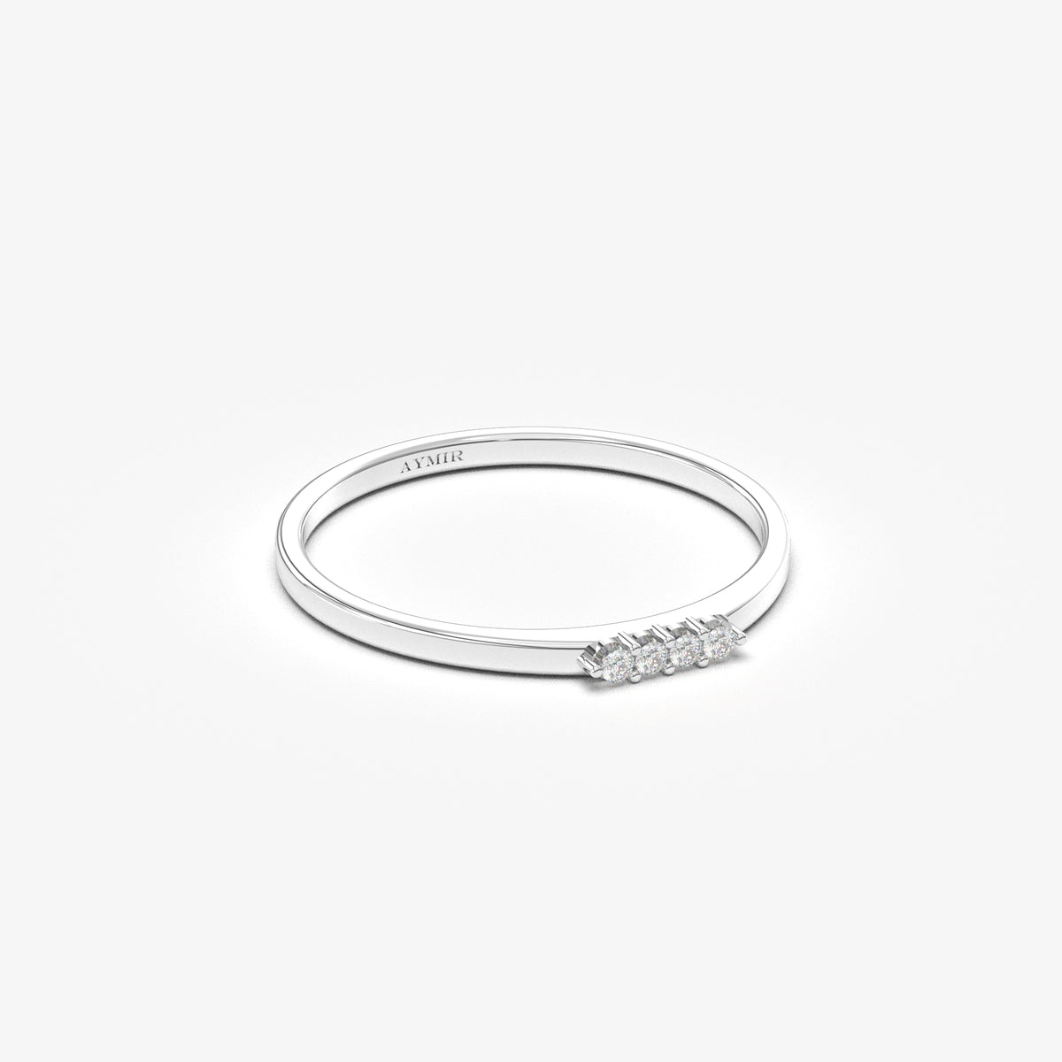 14K white gold four stone bar ring with natural diamonds, angled view