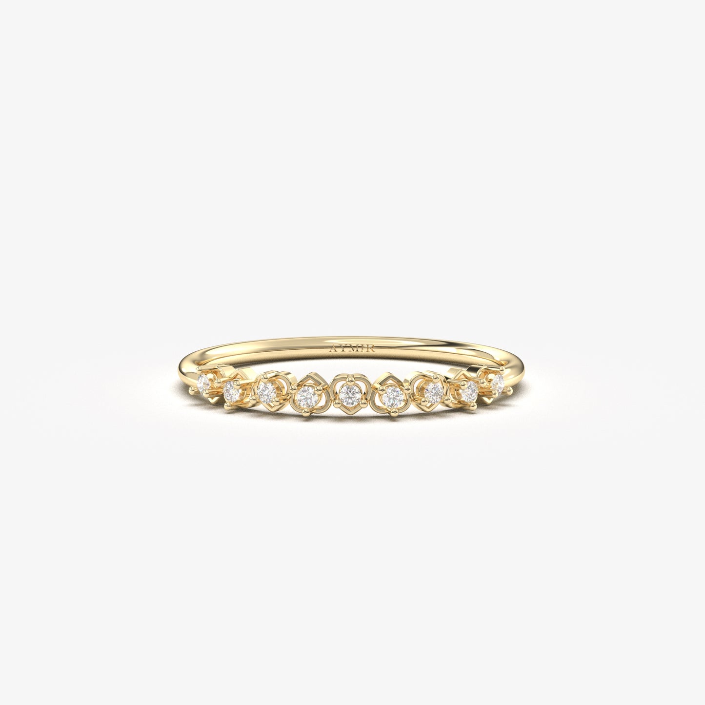 14K yellow gold minimalist heart ring with natural diamonds, front view