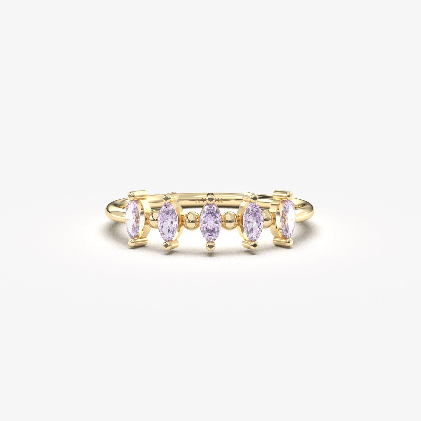 10K yellow gold five marquise ring with lavender cubic zirconia, front view