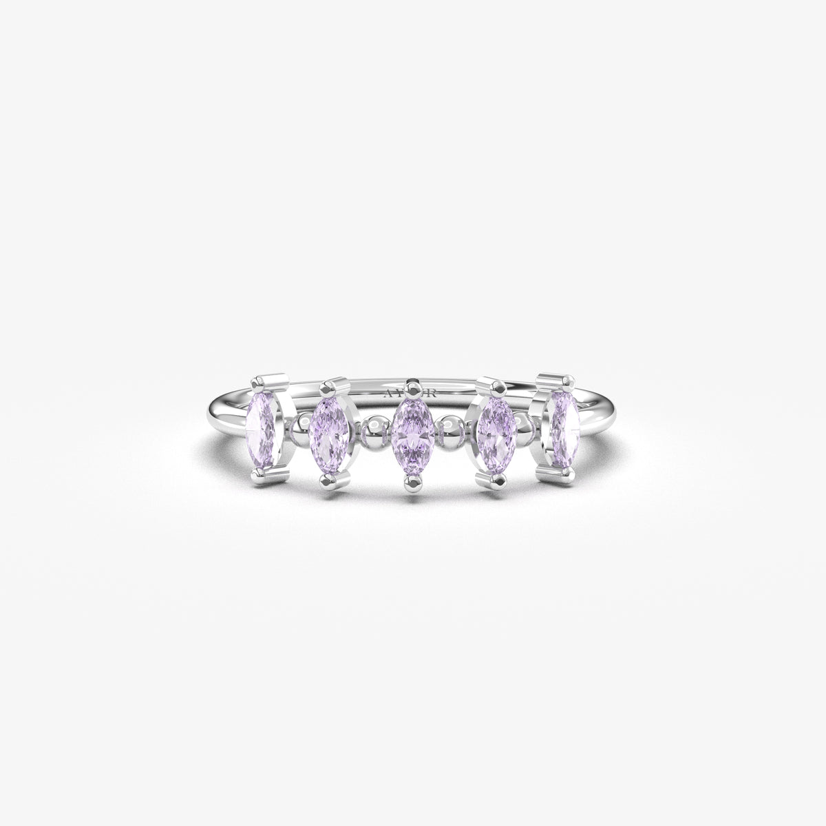 10K white gold five marquise ring with lavender cubic zirconia, front view