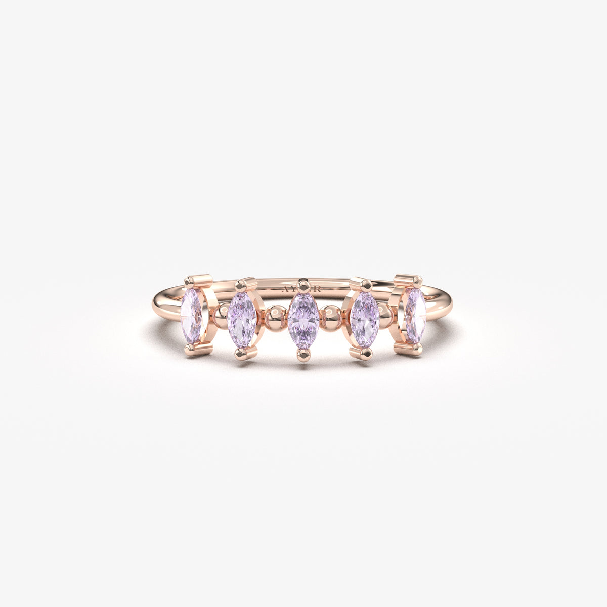 10K rose gold five marquise ring with lavender cubic zirconia, front view