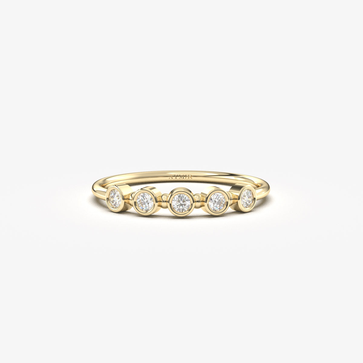 18K yellow gold five stone bezel ring with natural diamonds, front view