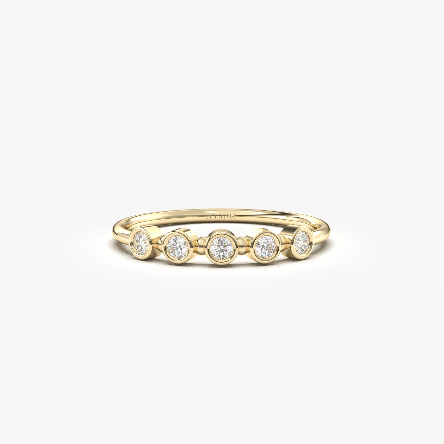 14K yellow gold five stone bezel ring with natural diamonds, front view
